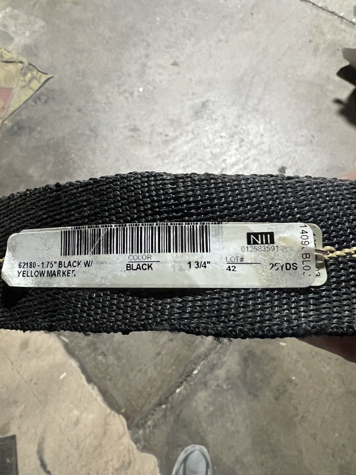 1.75 Inch MilSpec Military Webbing MIL-62180 Black With Yellow Line 25yd Roll